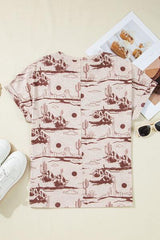 Printed Round Neck Short Sleeve T Shirt - Chic Yana's Fashion