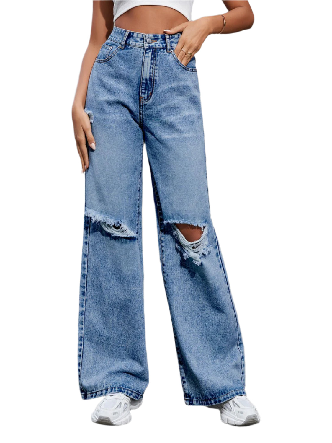 Buy Distressed Wide Leg Jeans with Pockets Online - Stylish & Comfortable | Chic Yana's Fashion