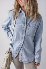 Pocketed Collared Neck Denim Top - Chic Yana's Fashion