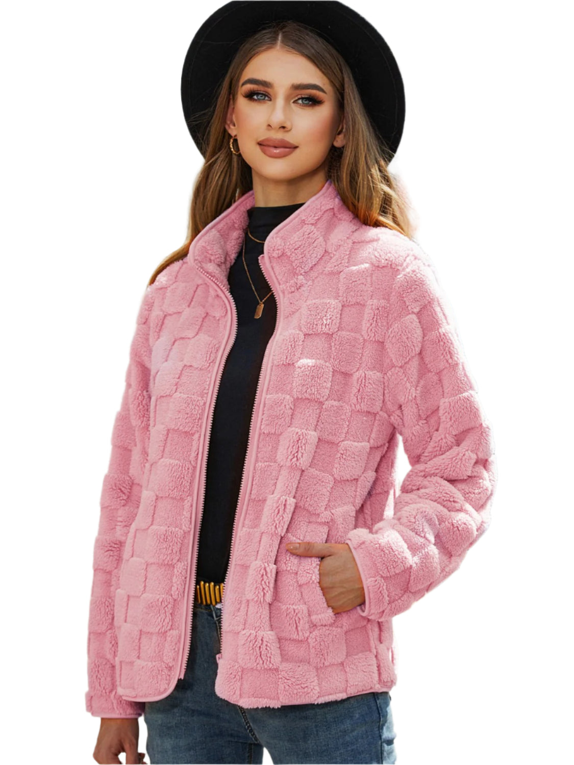 Fuzzy Checkered Zip Up Jacket - Chic Yana’s Fashion