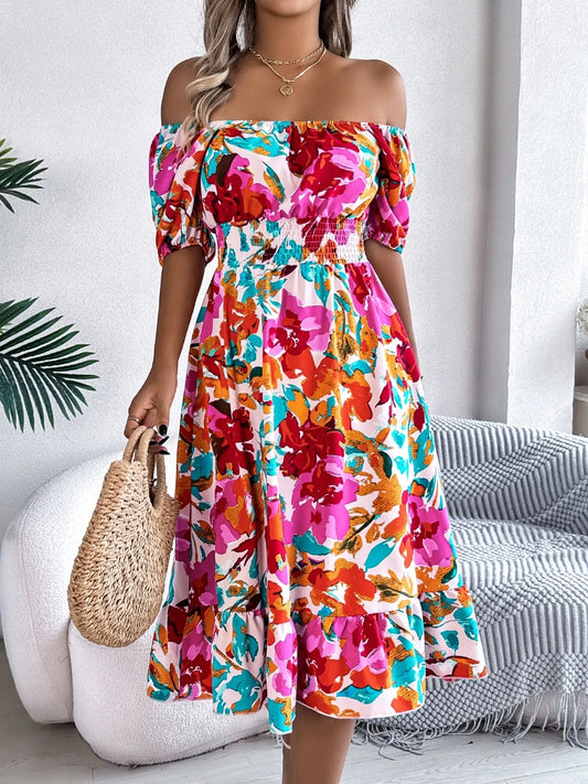 Ruffled Hem Smocked Floral Short Sleeve Midi Dress - Women's Fashion Romper - Chic Yana's Fashion