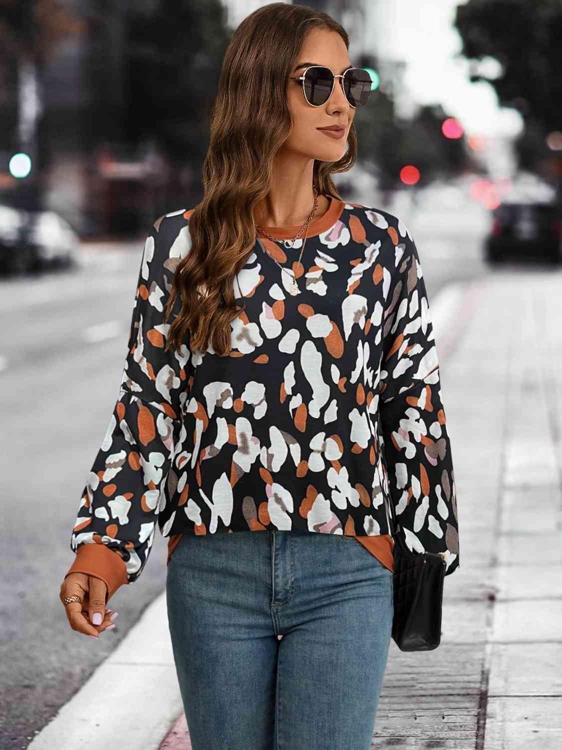 Leopard Round Neck Drop Shoulder Sweatshirt - Chic Yana's Fashion