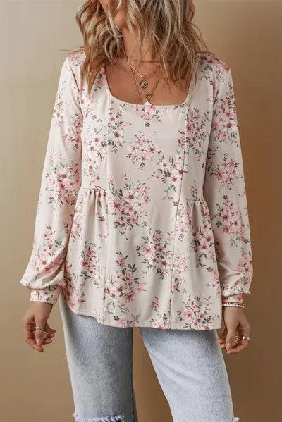 Printed Square Neck Long Sleeve Blouse 1 - Chic Yana's Fashion