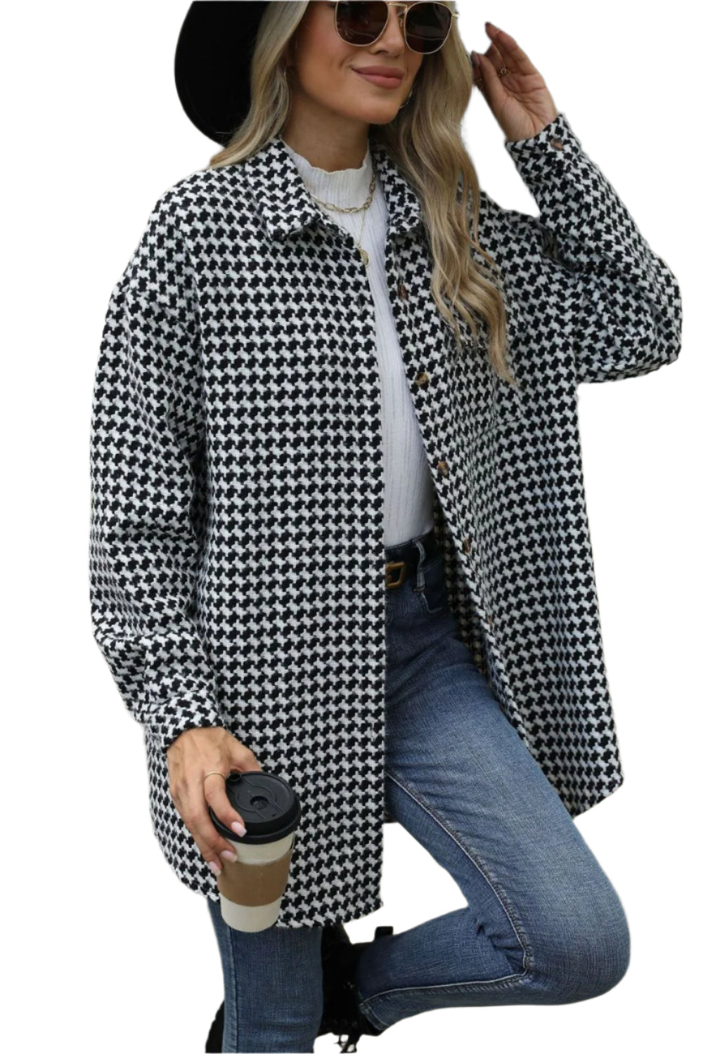 Houndstooth Button Up Dropped Shoulder Coat - Chic Yana’s Fashion