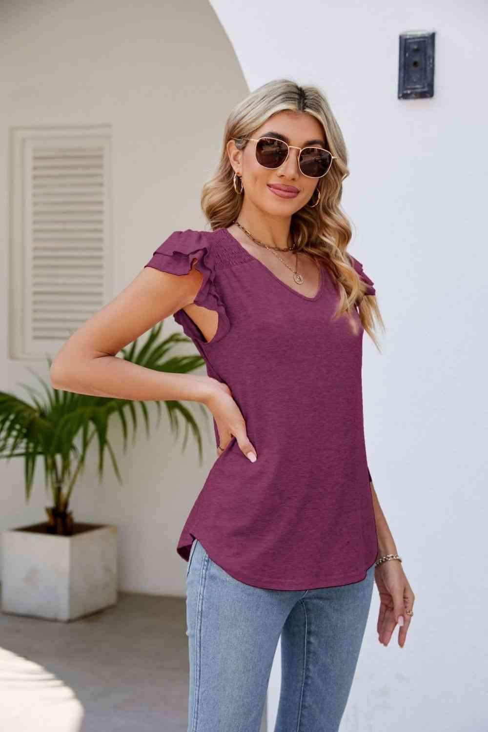 Smocked Flutter Sleeve V Neck Top - Chic Yana's Fashion