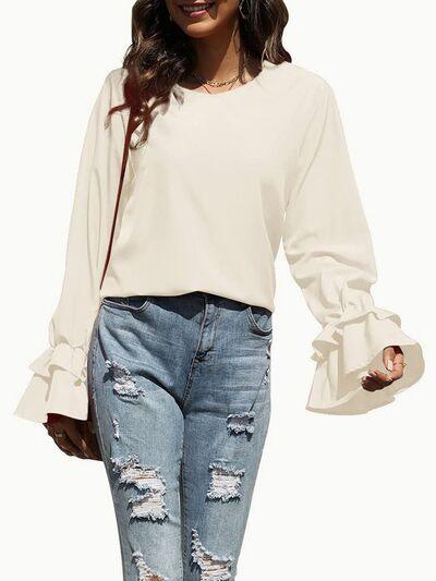 Round Neck Double Layered Flounce Sleeve Top - Chic Yana's Fashion