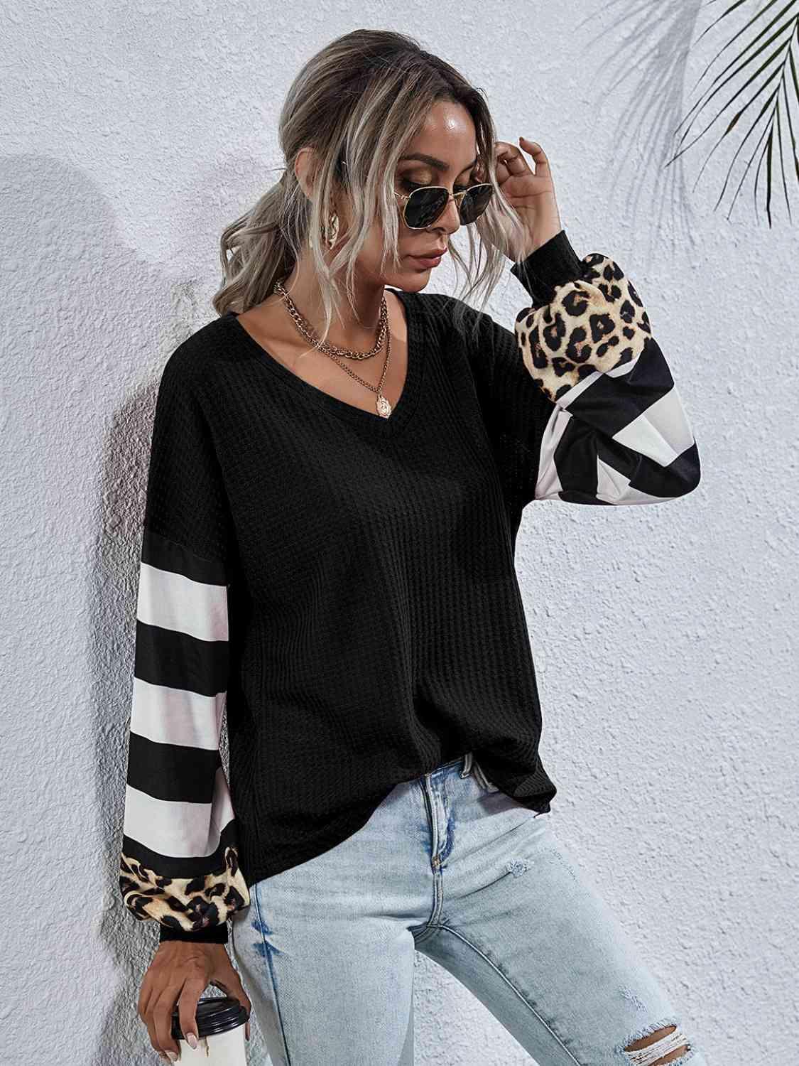 Leopard Striped Waffle Knit Top - Chic Yana's Fashion