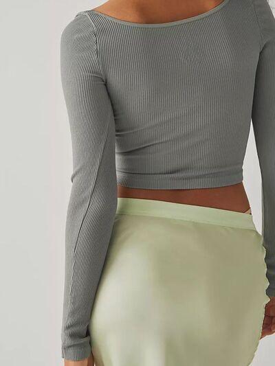 Scoop Neck Long Sleeve Cropped T Shirt - Chic Yana's Fashion