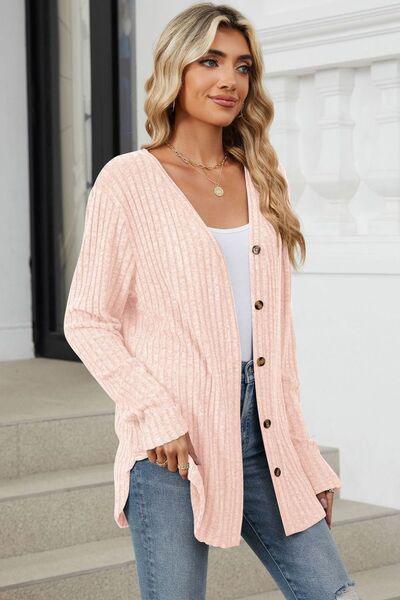 Ribbed Button Up Long Sleeve Cardigan - Chic Yana's Fashion