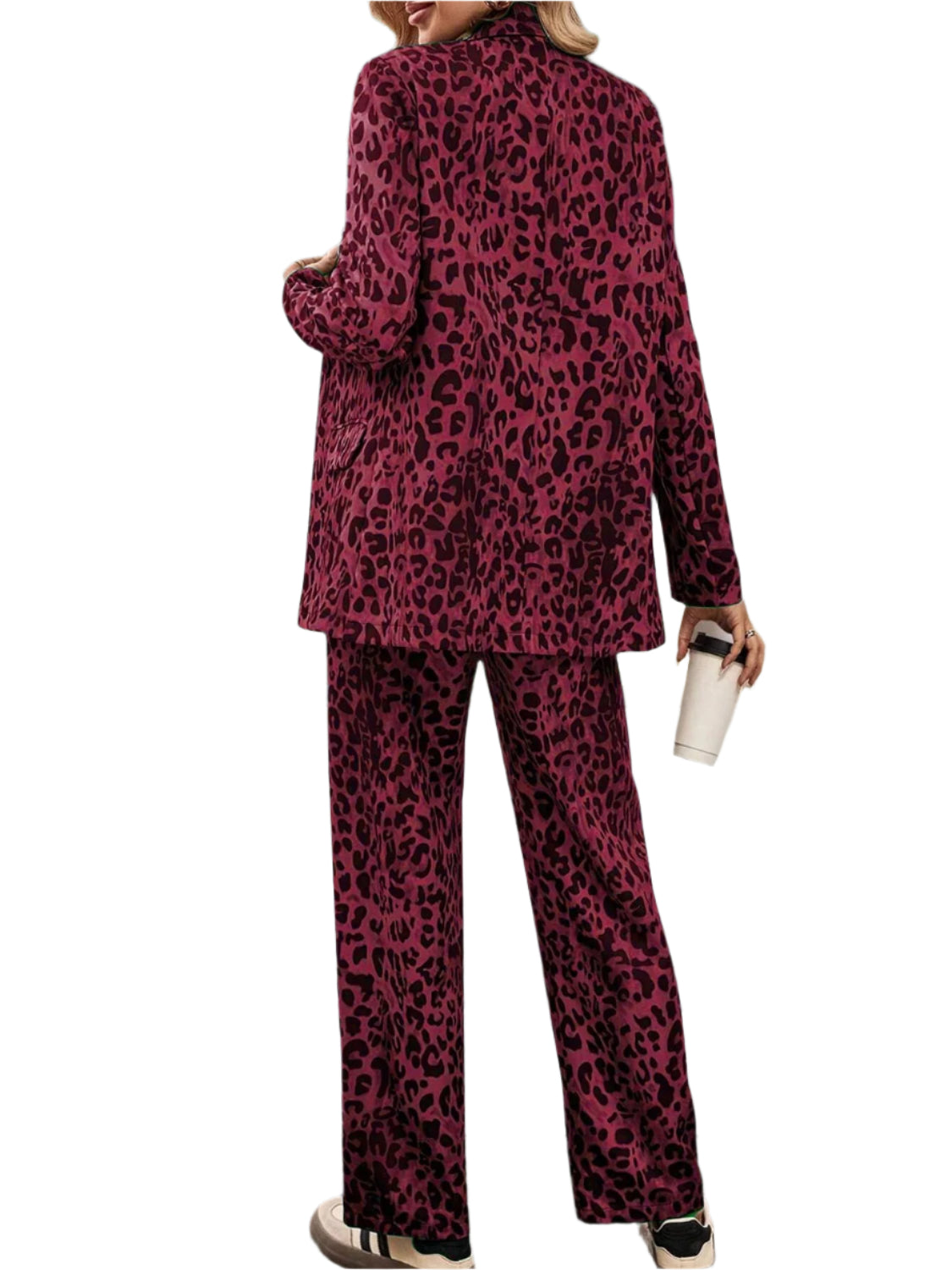 Full Size Leopard Lapel Collar Long Sleeve Blazer and Pants Set - Shop Now at Chic Yana's Fashion