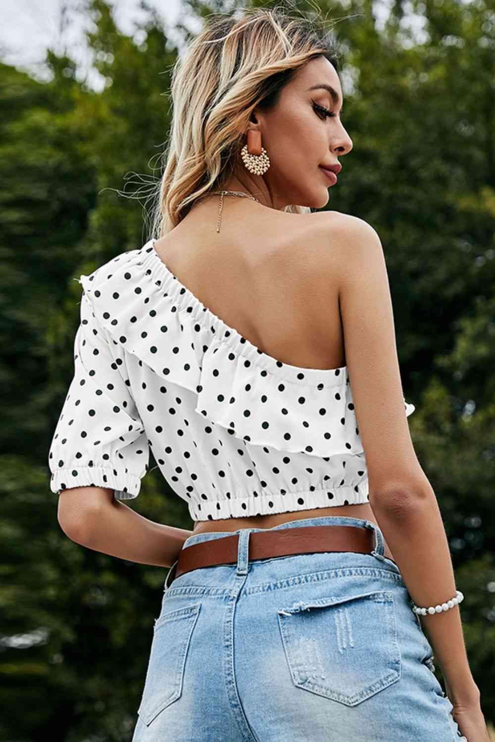 Shiny Polka Dot One Shoulder Ruffled Crop Top - Chic Yana's Fashion