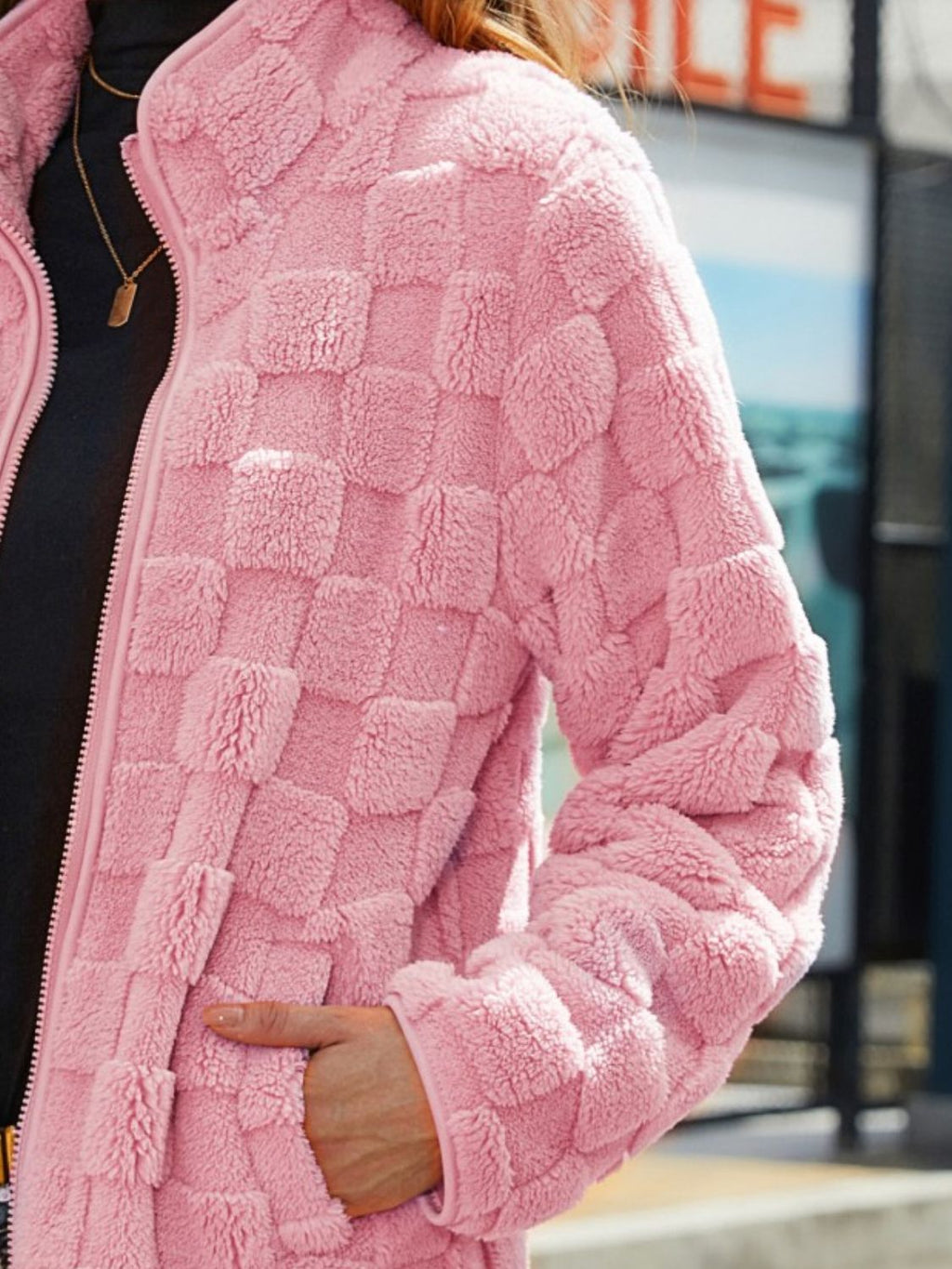Fuzzy Checkered Zip Up Jacket - Chic Yana’s Fashion