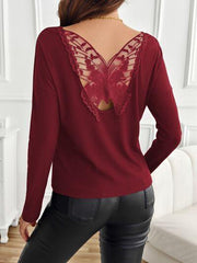 Lace Detail Butterfly Back Round Neck Long Sleeve T Shirt - Chic Yana's Fashion