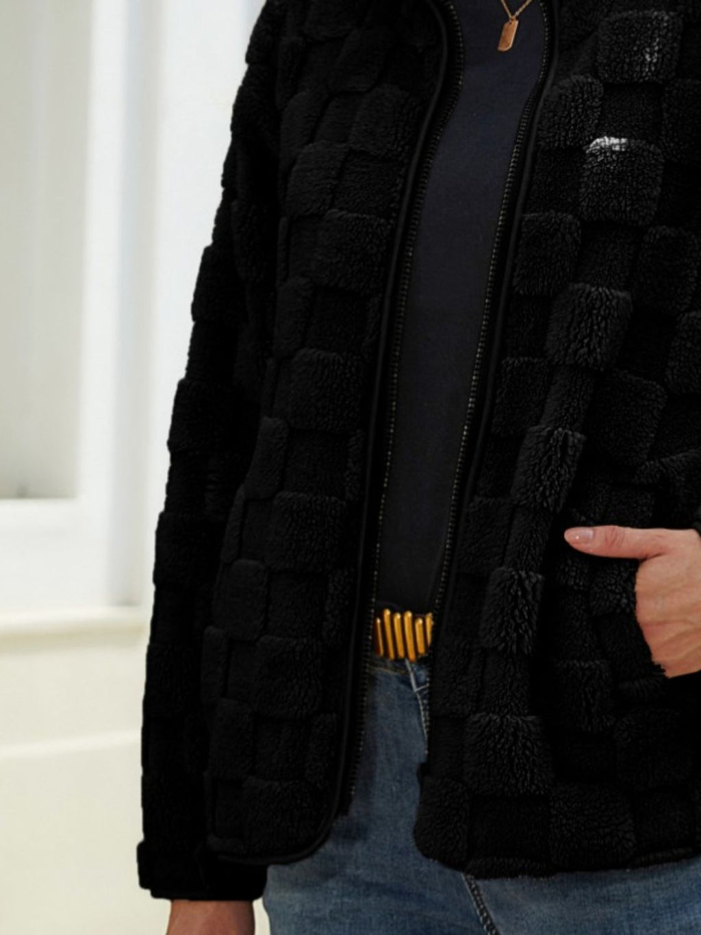 Fuzzy Checkered Zip Up Jacket - Chic Yana’s Fashion