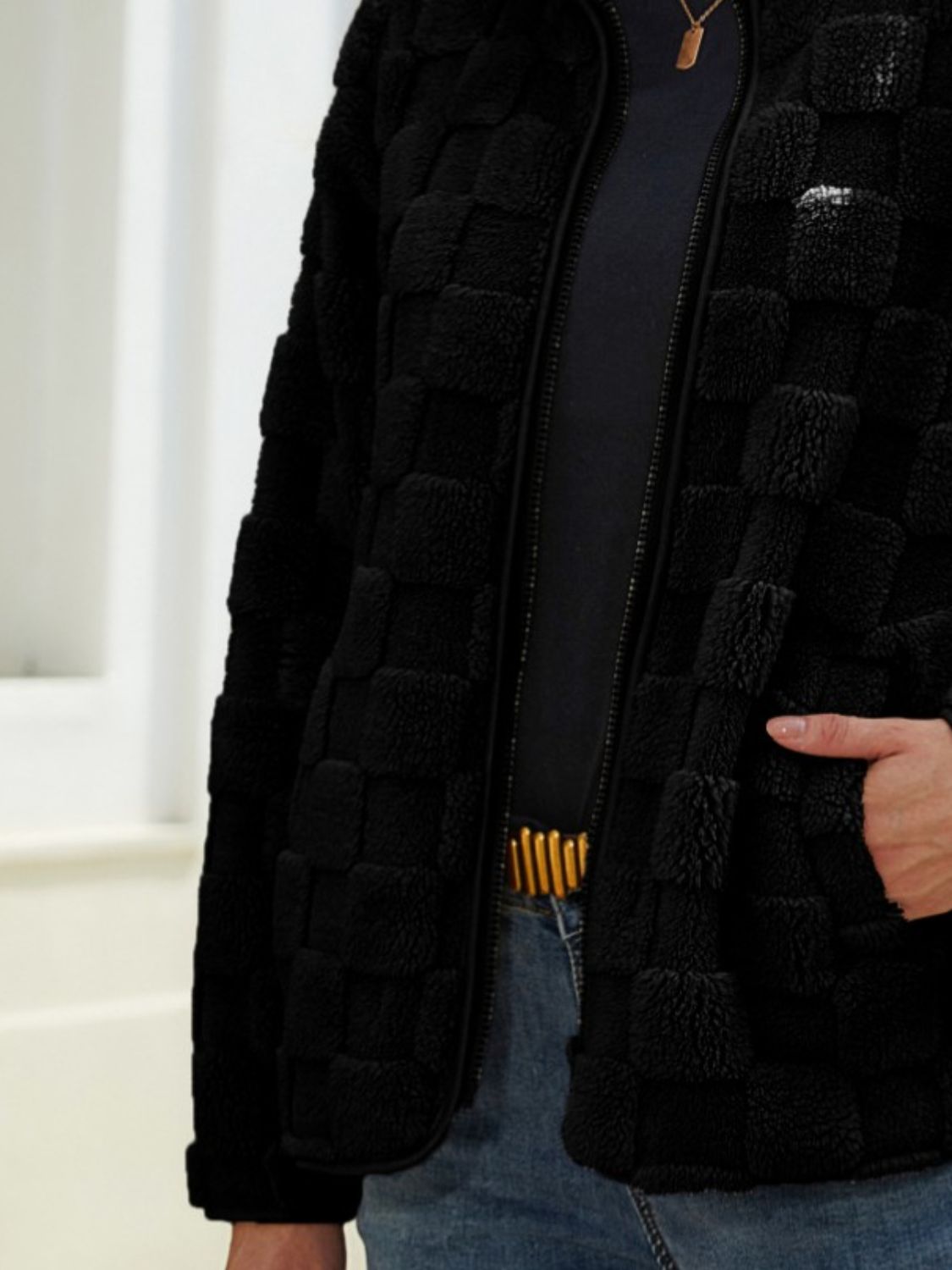 Fuzzy Checkered Zip Up Jacket - Chic Yana’s Fashion