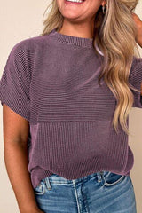 Corded Knit Mock Neck Short Sleeve T Shirt - Chic Yana's Fashion