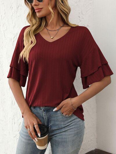 Mandy V Neck Ruffle Half Sleeve Top - Chic Yana's Fashion