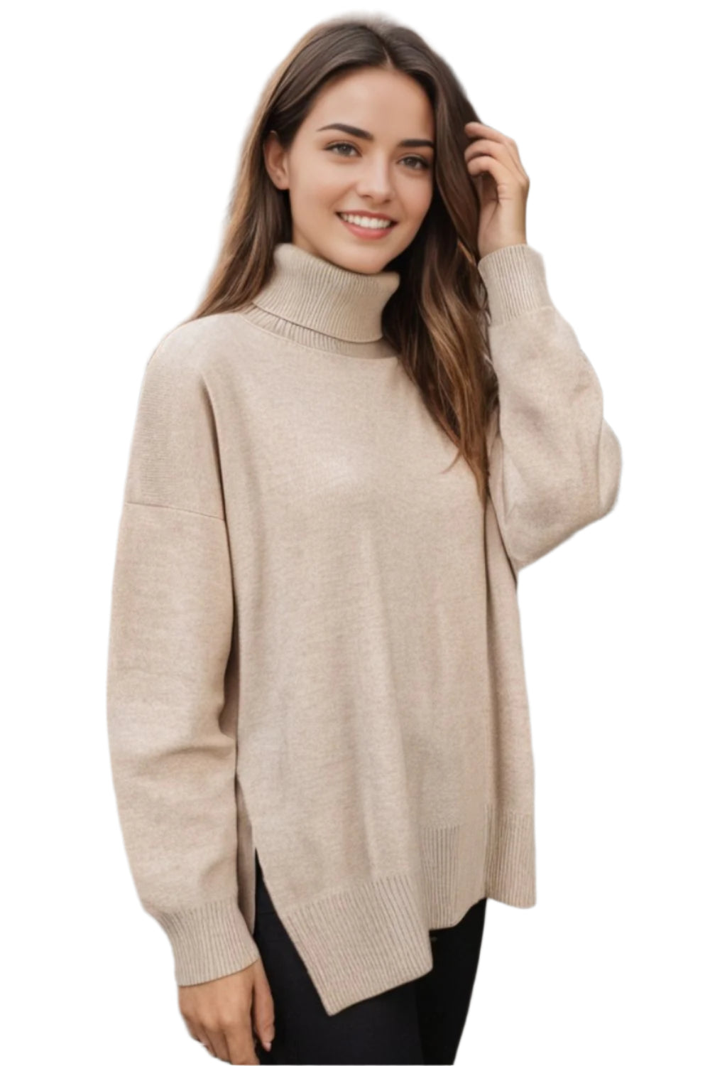 Basic Bae Side Slit Turtleneck Dropped Shoulder Sweater - High-Quality Fashion | Chic Yana