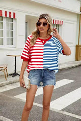 Striped Round Neck Half Sleeve T Shirt 1 - Chic Yana's Fashion