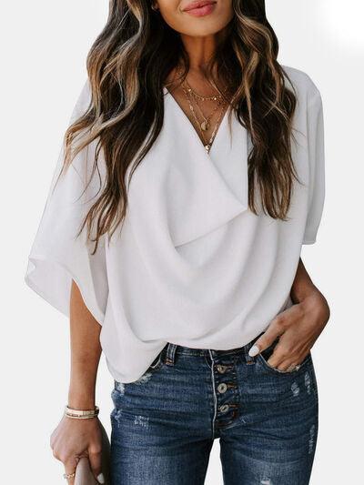 Full Size Cowl Neck Three Quarter Sleeve Blouse - Chic Yana's Fashion