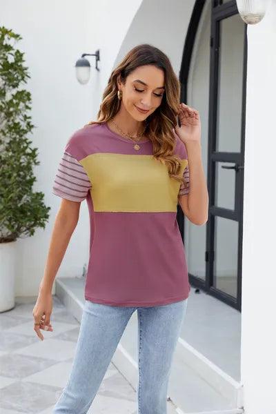 Color Block Round Neck Short Sleeve T Shirt 4 - Chic Yana's Fashion