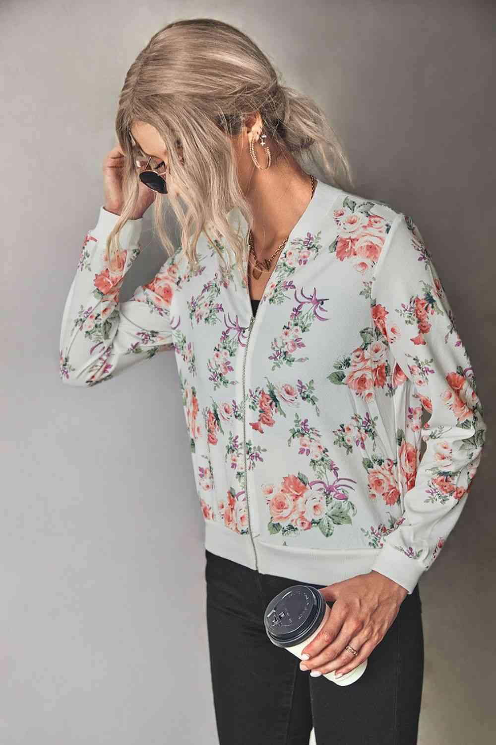 Floral Zip Up Ribbed Trim Bomber Jacket - Chic Yana's Fashion