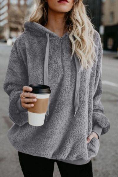 Full Size Quarter Zip Drawstring Teddy Hoodie - Chic Yana's Fashion