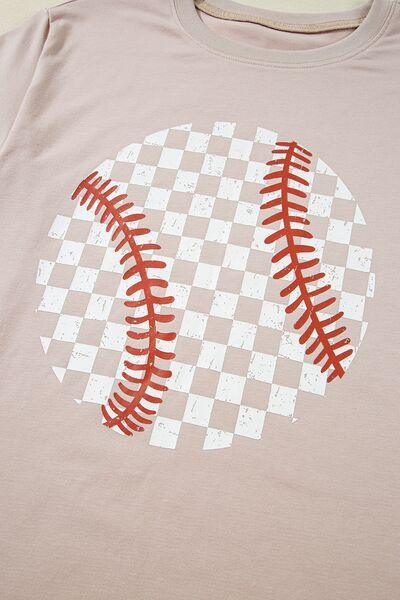 Contrast Checkered Baseball Graphic Round Neck Short Sleeve T Shirt - Chic Yana's Fashion