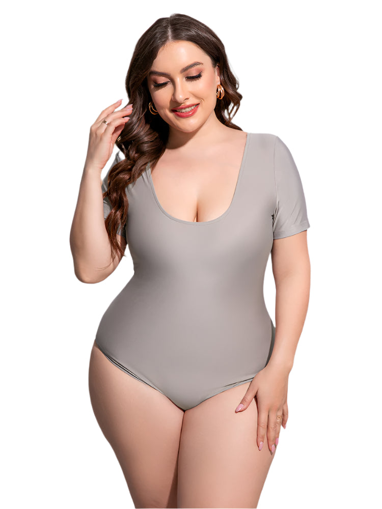 Plus Size Scoop Neck Short Sleeve One Piece Swimsuit - Stylish and Trendy Women's Fashion from Chic Yana's Fashion