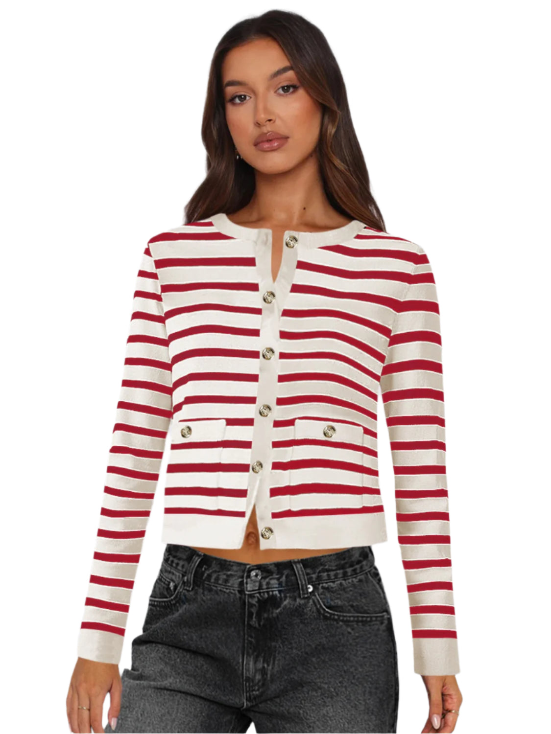 Striped Round Neck Button Up Long Sleeve Cardigan - Chic Yana’s Fashion