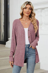 Ribbed Button Up Long Sleeve Cardigan - Chic Yana's Fashion