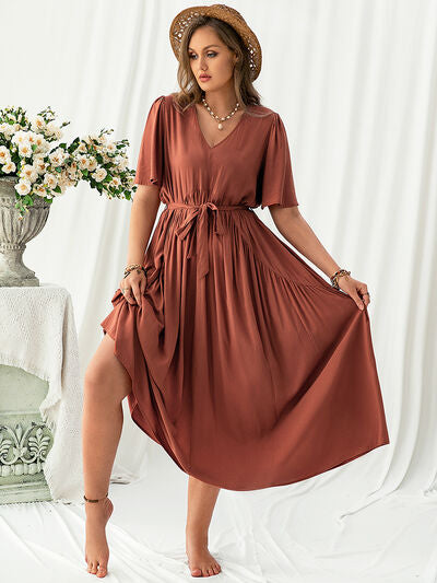 Plus Size V Neck Flutter Sleeve Midi Dress - Chic Yana's Fashion