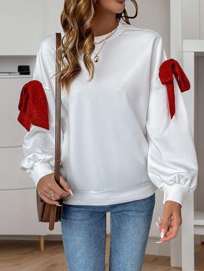 Perfee Bow Round Neck Long Sleeve Sweatshirt - Chic Yana's Fashion