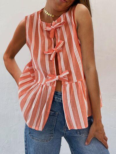 Tied Striped Round Neck Tank - Chic Yana's Fashion