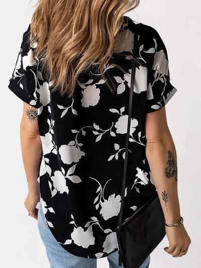 Full Size Printed Notched Short Sleeve Blouse - Chic Yana's Fashion