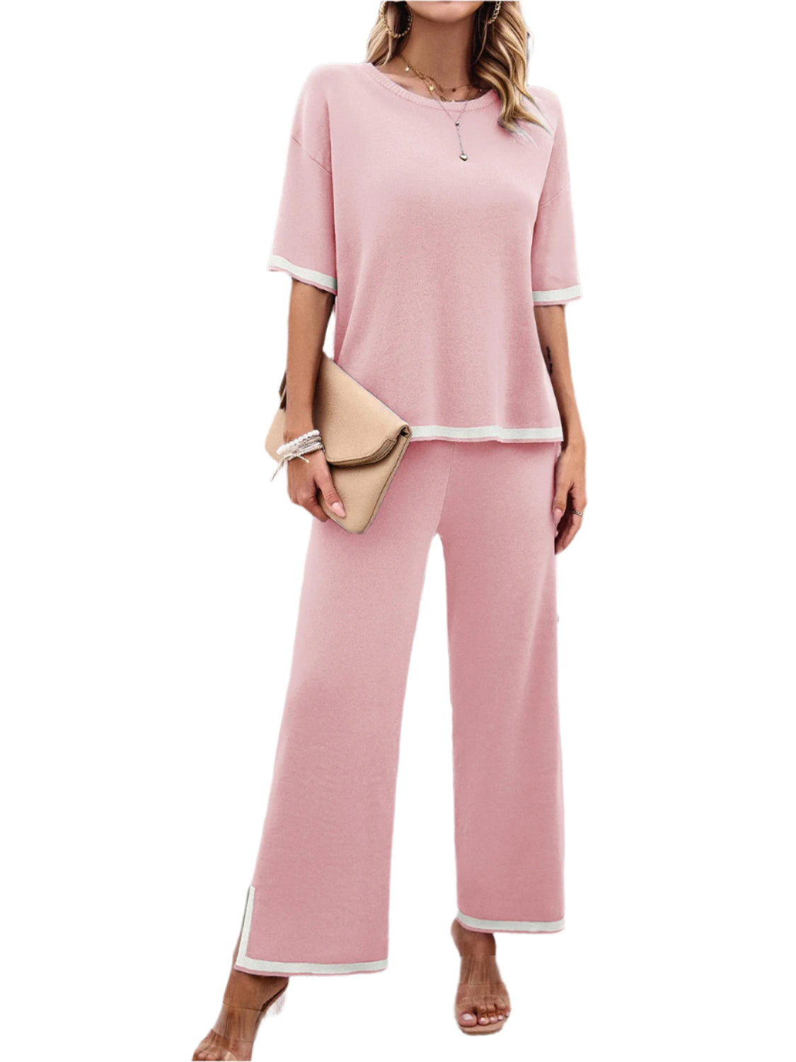 Devine Contrast Trim Round Neck Top and Pants Set – Chic Yana’s Fashion