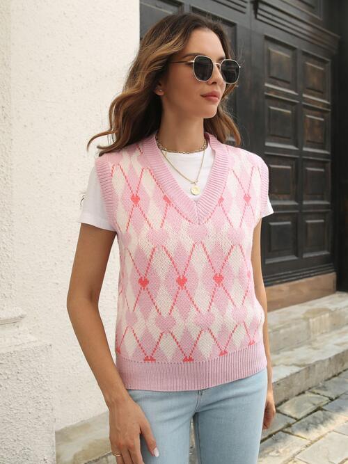 Geometric V Neck Sweater Vest - Chic Yana's Fashion