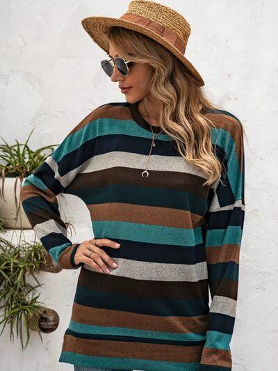 Full Size Striped Round Neck Long Sleeve T Shirt Plus Size - Chic Yana's Fashion