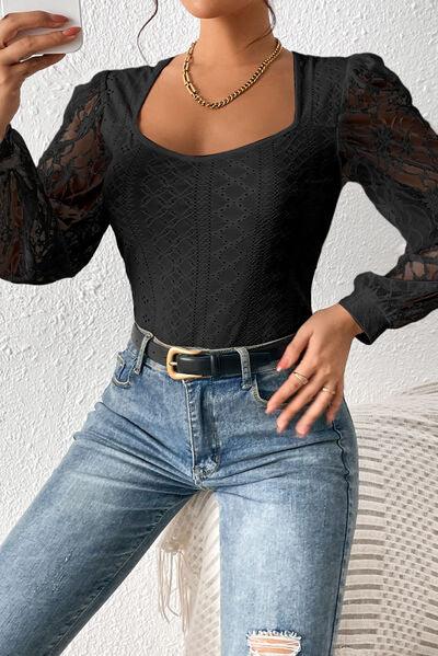 Eyelet Lace Long Sleeve Bodysuit - Chic Yana's Fashion