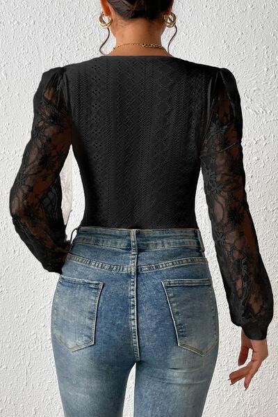 Eyelet Lace Long Sleeve Bodysuit - Chic Yana's Fashion