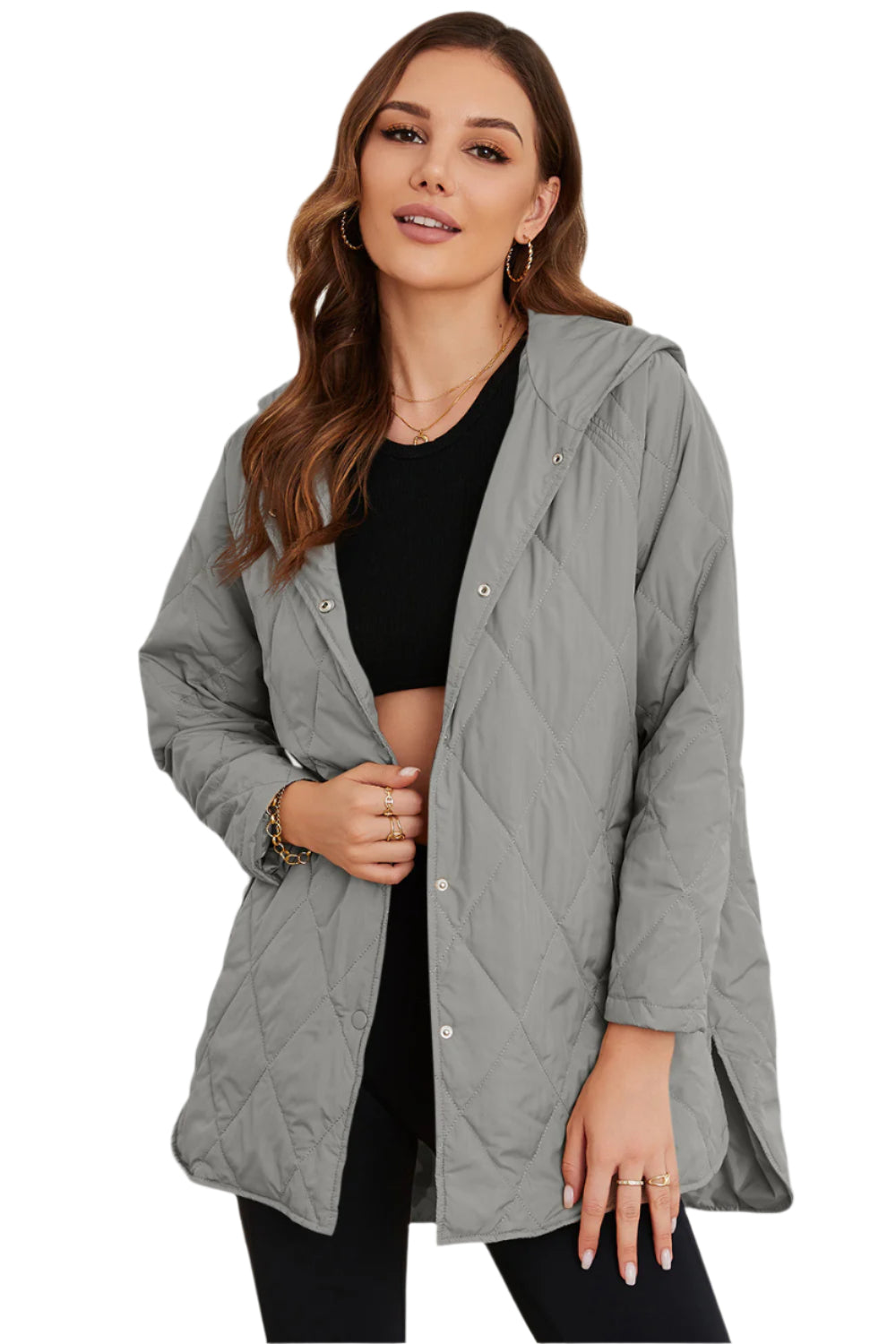 Snap Down Hooded Slit Winter Coat - Chic Yana’s Fashion