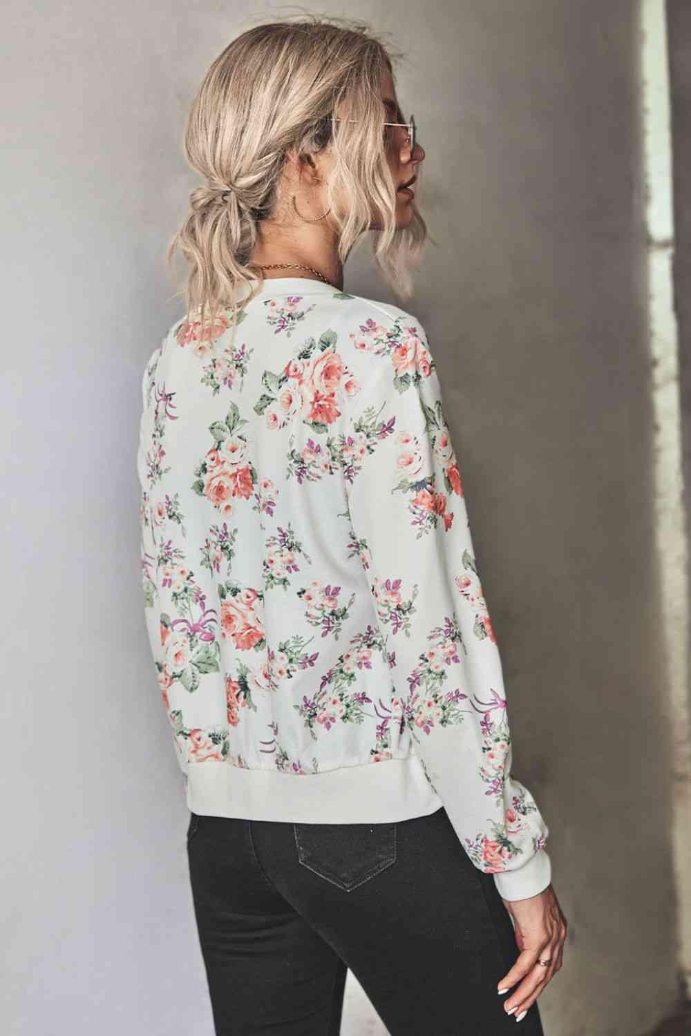 Floral Zip Up Ribbed Trim Bomber Jacket - Chic Yana's Fashion