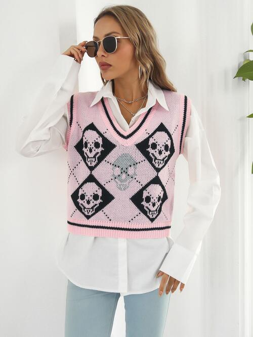 Skull Contrast V Neck Sweater Vest - Chic Yana's Fashion