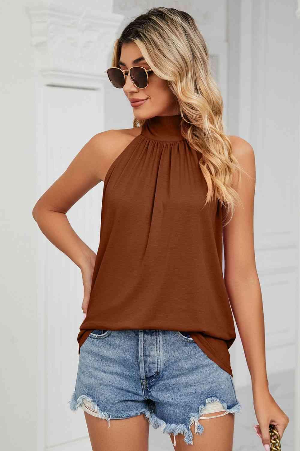 Gathered Detail Tied Sleeveless Top - Chic Yana's Fashion