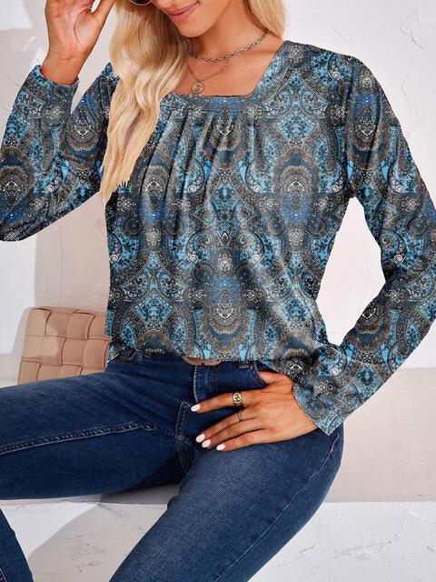 Full Size Square Neck Long Sleeve Blouse - Chic Yana's Fashion