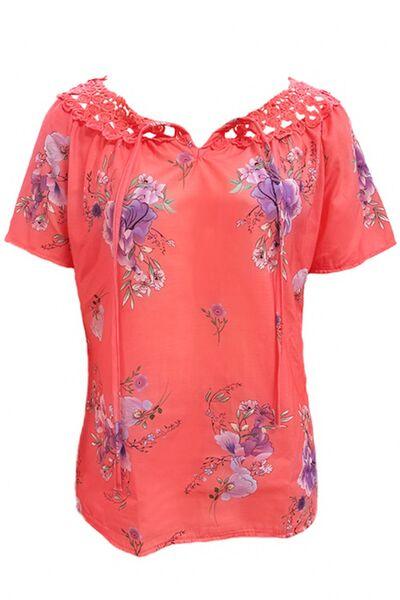 Full Size Printed Tie Neck Short Sleeve Blouse - Chic Yana's Fashion