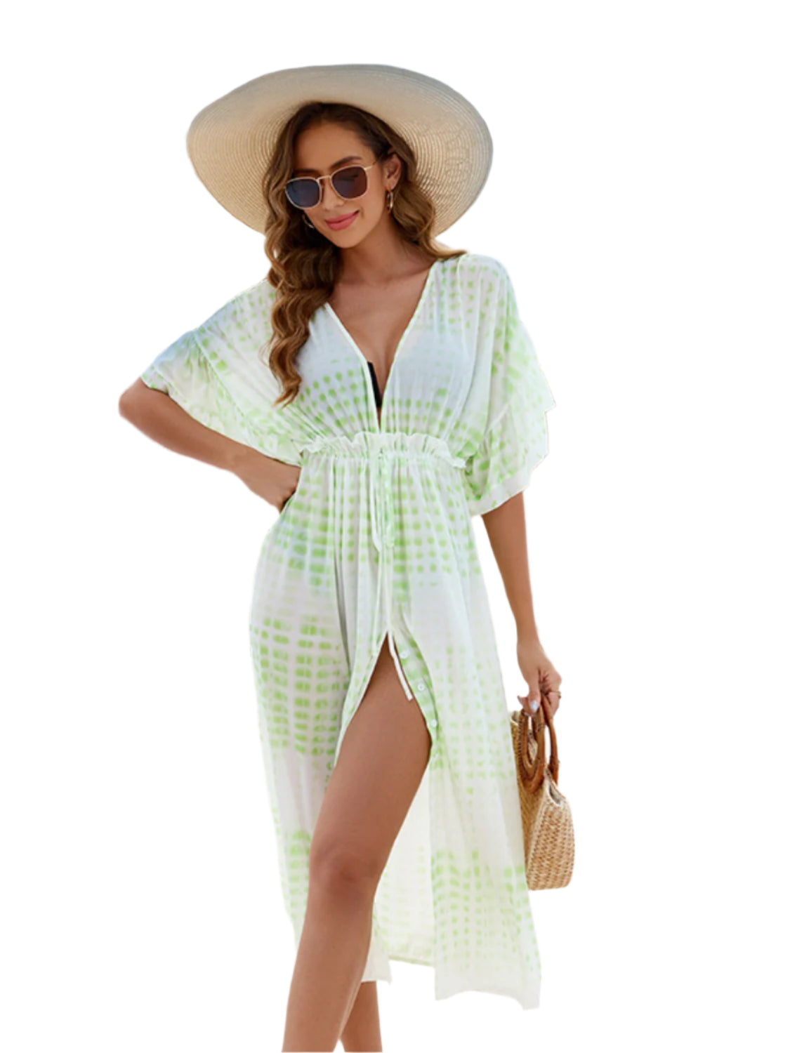 Tied Plunge Half Sleeve Cover Up - Stylish and Trendy Women's Fashion from Chic Yana's Fashion