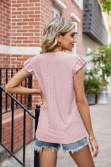 Eyelet Flutter Sleeve Scalloped V Neck Top - Chic Yana's Fashion