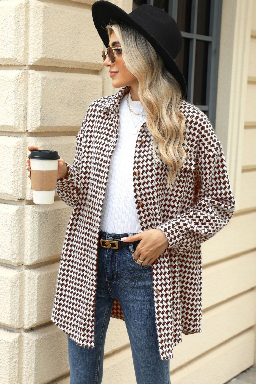 Houndstooth Button Up Dropped Shoulder Coat - Chic Yana’s Fashion