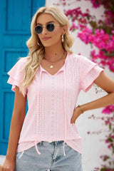 Mandy Eyelet Tie Neck Flutter Sleeve Blouse - Chic Yana's Fashion